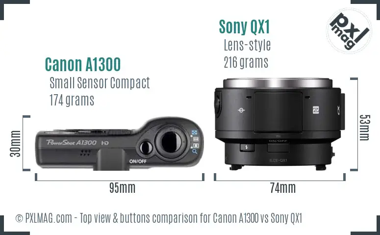 Canon A1300 vs Sony QX1 top view buttons comparison