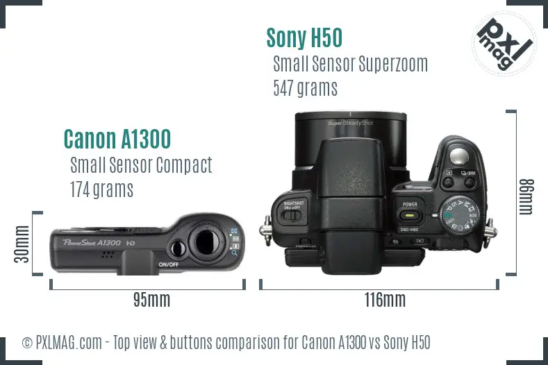 Canon A1300 vs Sony H50 top view buttons comparison