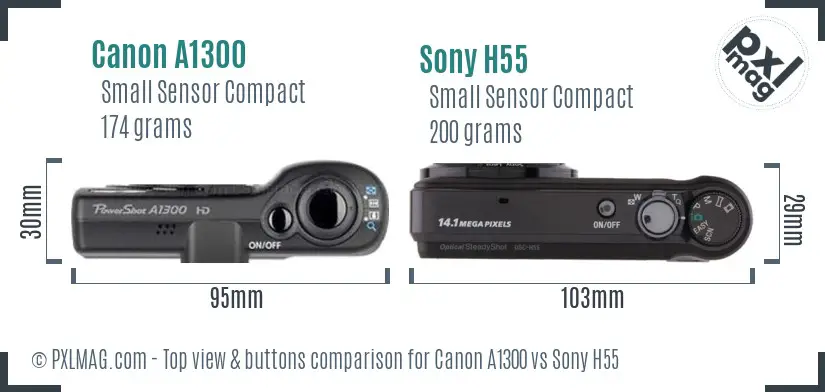 Canon A1300 vs Sony H55 top view buttons comparison