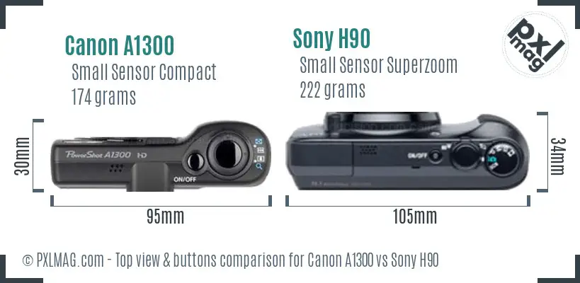 Canon A1300 vs Sony H90 top view buttons comparison Canon A1300 vs Sony H90 top view buttons comparison
