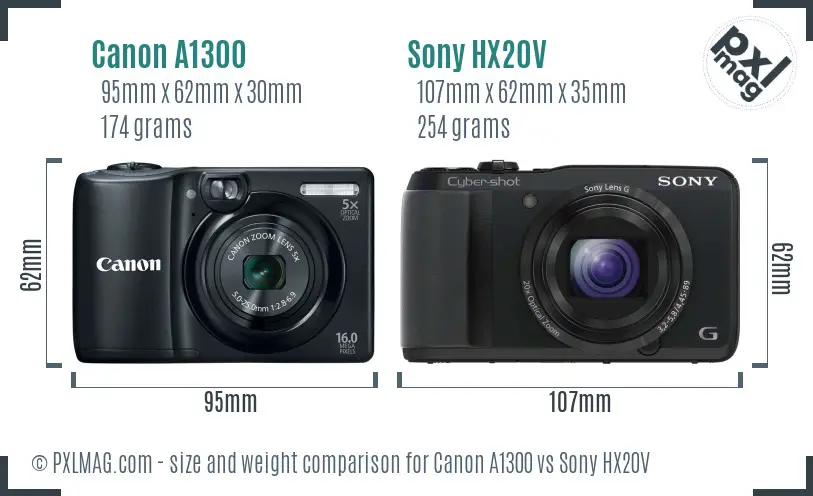 Canon A1300 vs Sony HX20V size comparison