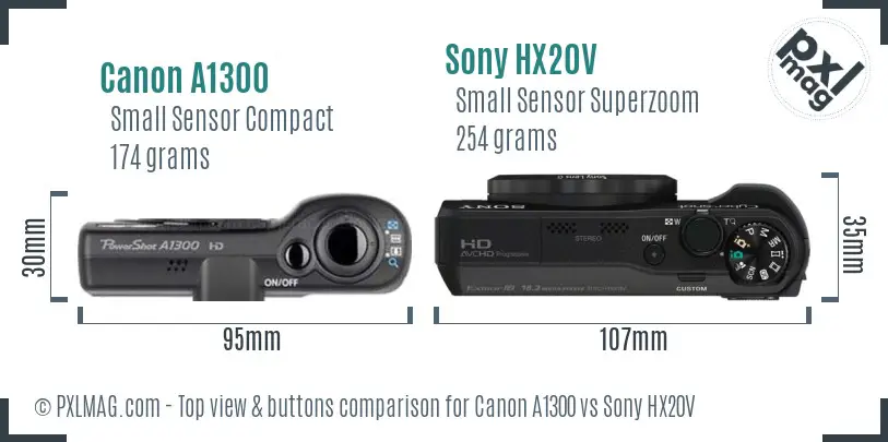 Canon A1300 vs Sony HX20V top view buttons comparison