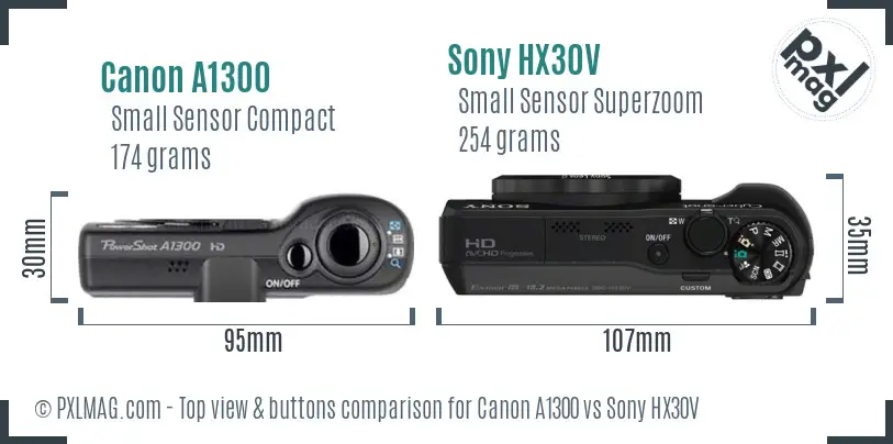Canon A1300 vs Sony HX30V top view buttons comparison Canon A1300 vs Sony HX30V top view buttons comparison