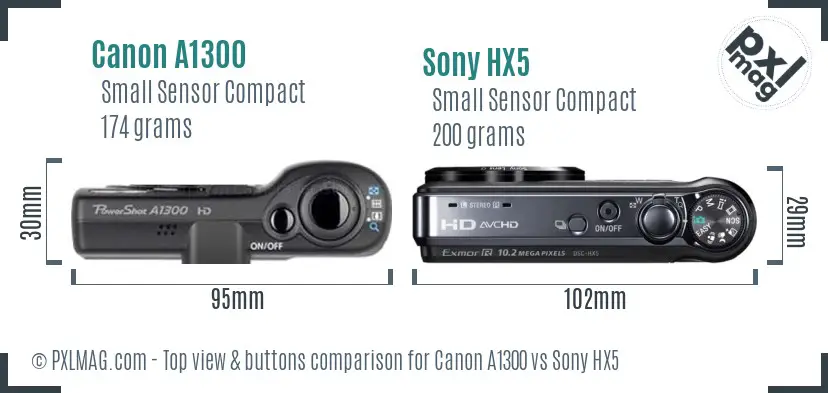 Canon A1300 vs Sony HX5 top view buttons comparison