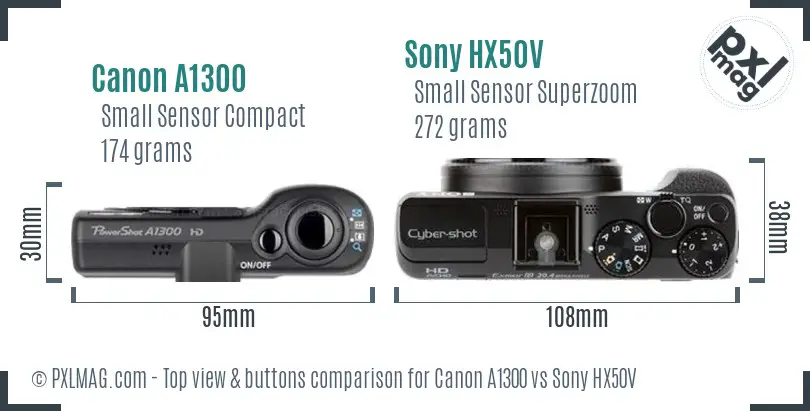 Canon A1300 vs Sony HX50V top view buttons comparison Canon A1300 vs Sony HX50V top view buttons comparison