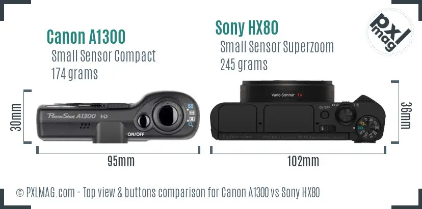 Canon A1300 vs Sony HX80 top view buttons comparison Canon A1300 vs Sony HX80 top view buttons comparison