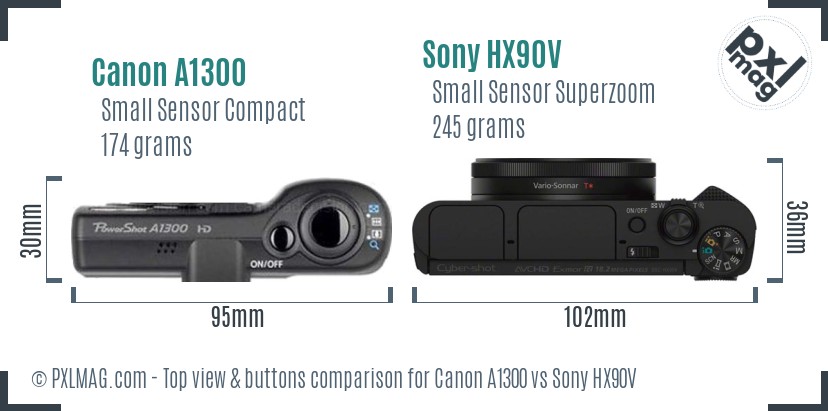 Canon A1300 vs Sony HX90V top view buttons comparison