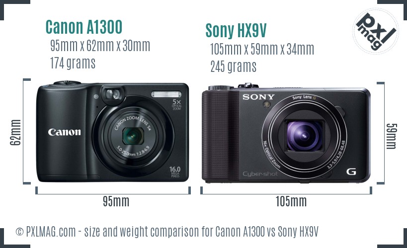 Canon A1300 vs Sony HX9V size comparison