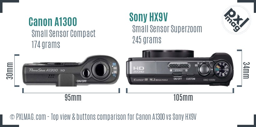 Canon A1300 vs Sony HX9V top view buttons comparison