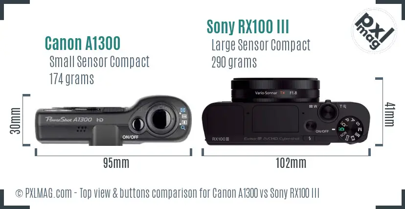 Canon A1300 vs Sony RX100 III top view buttons comparison