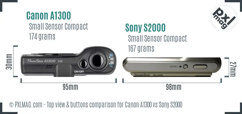 Canon A1300 vs Sony S2000 top view buttons comparison Canon A1300 vs Sony S2000 top view buttons comparison