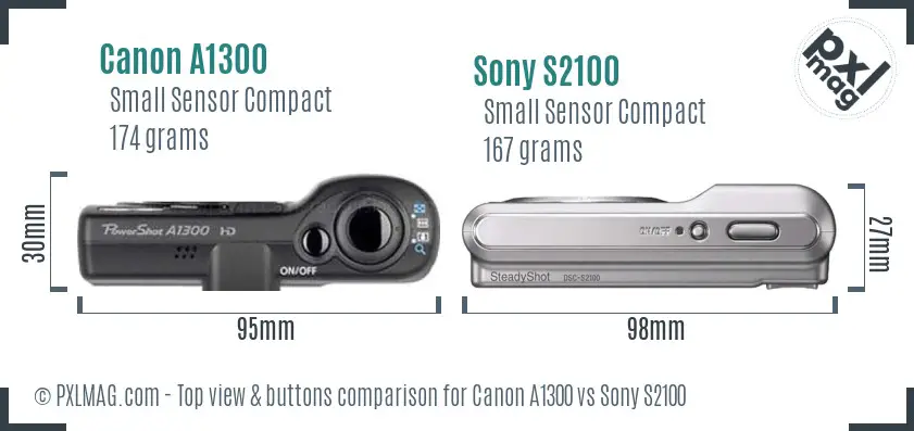Canon A1300 vs Sony S2100 top view buttons comparison Canon A1300 vs Sony S2100 top view buttons comparison