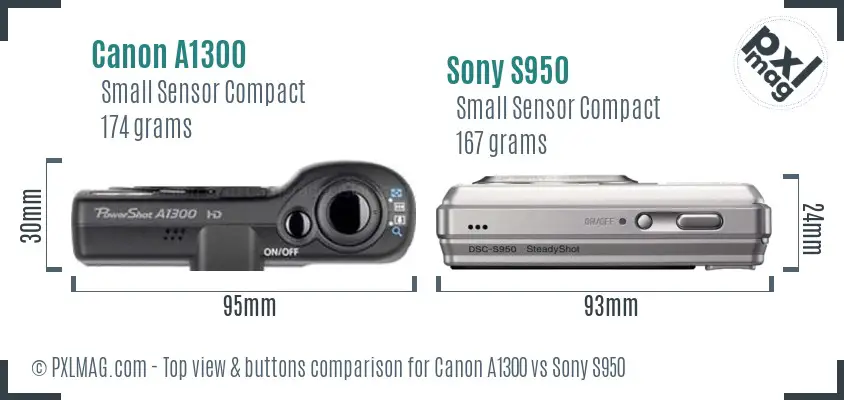 Canon A1300 vs Sony S950 top view buttons comparison