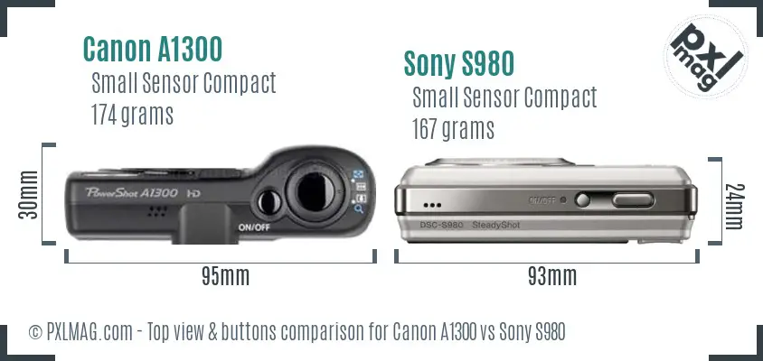 Canon A1300 vs Sony S980 top view buttons comparison Canon A1300 vs Sony S980 top view buttons comparison