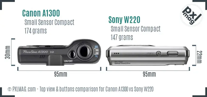 Canon A1300 vs Sony W220 top view buttons comparison Canon A1300 vs Sony W220 top view buttons comparison