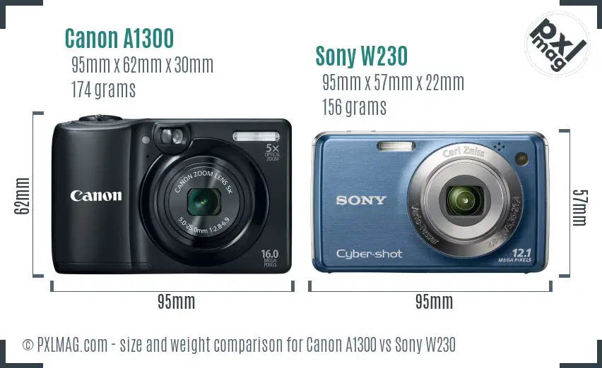 Canon A1300 vs Sony W230 size comparison