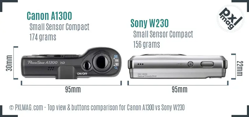 Canon A1300 vs Sony W230 top view buttons comparison