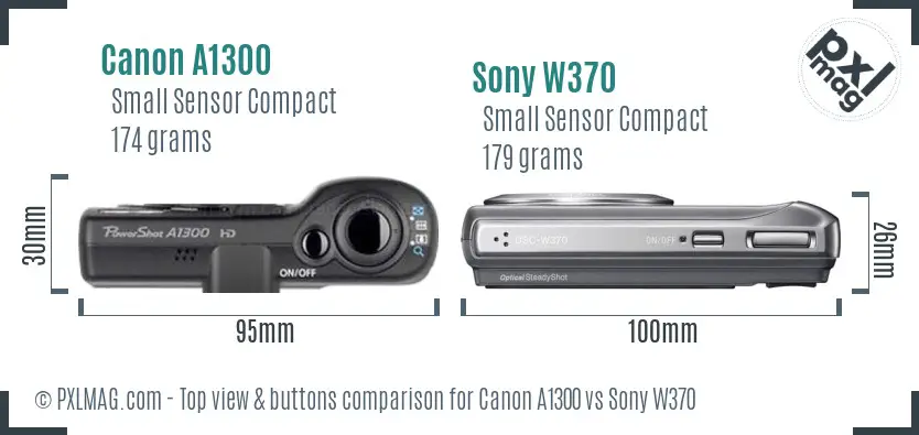 Canon A1300 vs Sony W370 top view buttons comparison