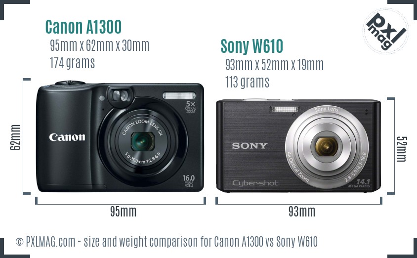 Canon A1300 vs Sony W610 size comparison