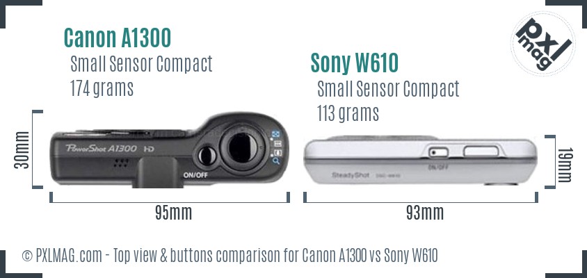 Canon A1300 vs Sony W610 top view buttons comparison