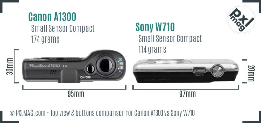 Canon A1300 vs Sony W710 top view buttons comparison Canon A1300 vs Sony W710 top view buttons comparison