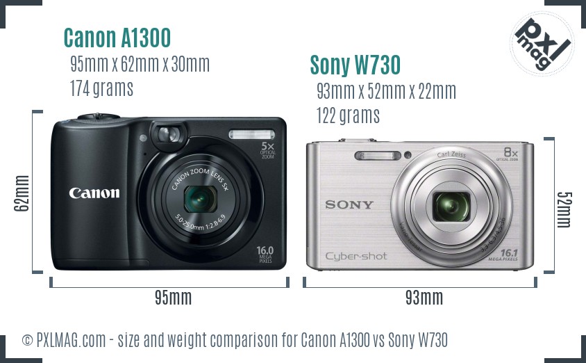 Canon A1300 vs Sony W730 size comparison