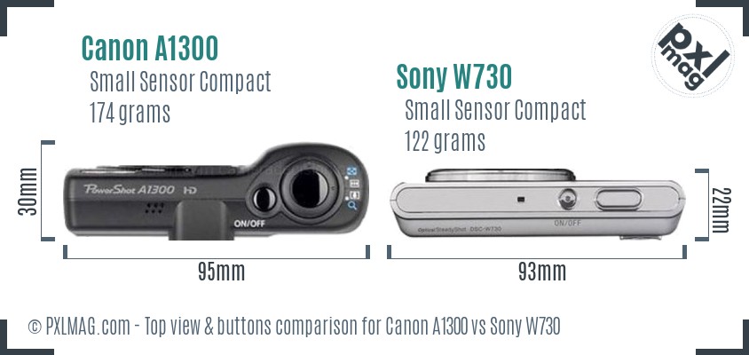Canon A1300 vs Sony W730 top view buttons comparison