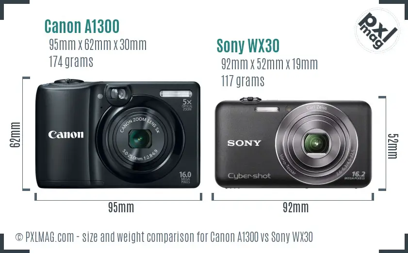 Canon A1300 vs Sony WX30 size comparison