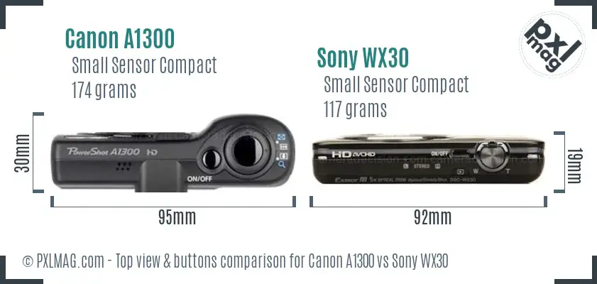 Canon A1300 vs Sony WX30 top view buttons comparison