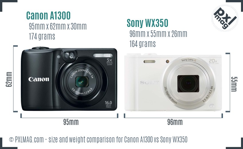 Canon A1300 vs Sony WX350 size comparison