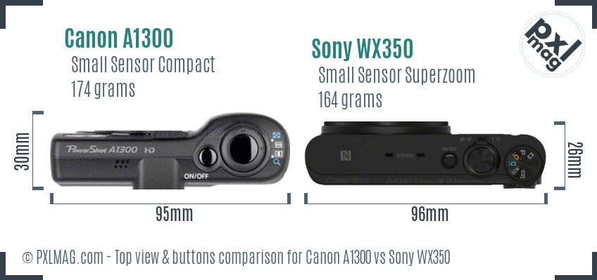 Canon A1300 vs Sony WX350 top view buttons comparison