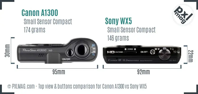 Canon A1300 vs Sony WX5 top view buttons comparison