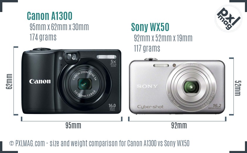 Canon A1300 vs Sony WX50 size comparison