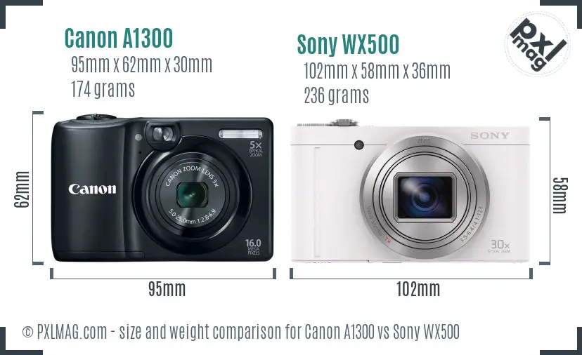 Canon A1300 vs Sony WX500 size comparison
