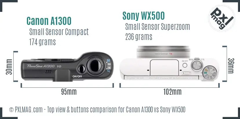 Canon A1300 vs Sony WX500 top view buttons comparison