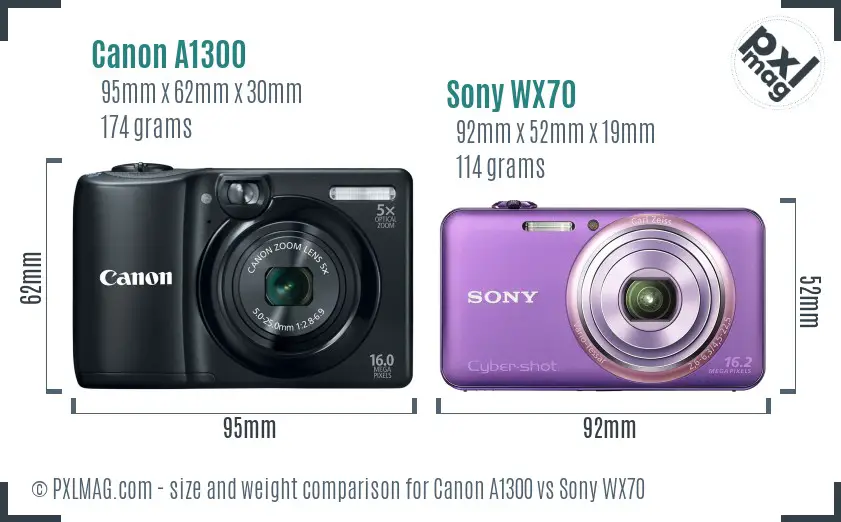 Canon A1300 vs Sony WX70 size comparison