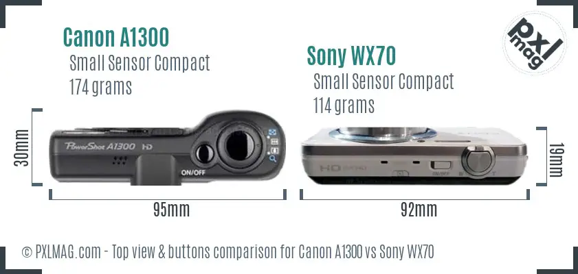 Canon A1300 vs Sony WX70 top view buttons comparison