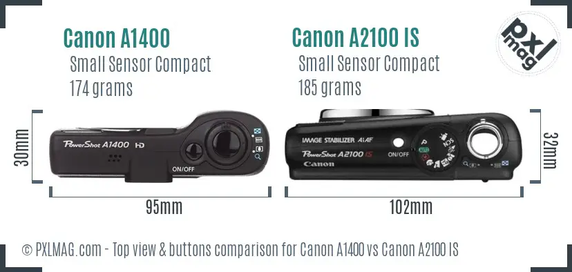 Canon A1400 vs Canon A2100 IS top view buttons comparison