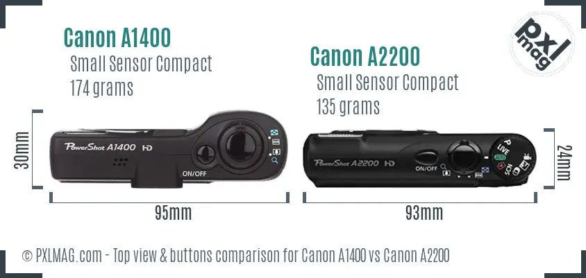 Canon A1400 vs Canon A2200 top view buttons comparison