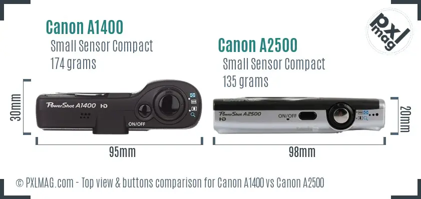 Canon A1400 vs Canon A2500 top view buttons comparison