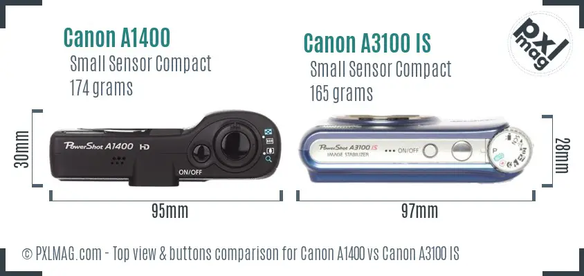 Canon A1400 vs Canon A3100 IS top view buttons comparison