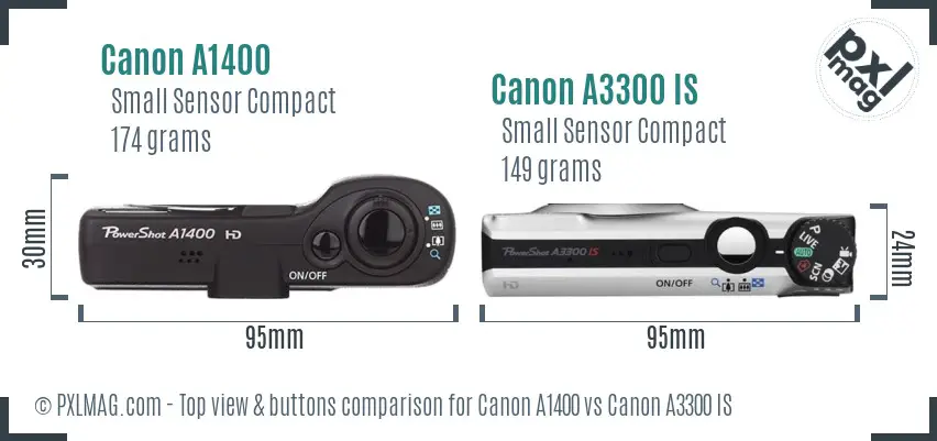 Canon A1400 vs Canon A3300 IS top view buttons comparison