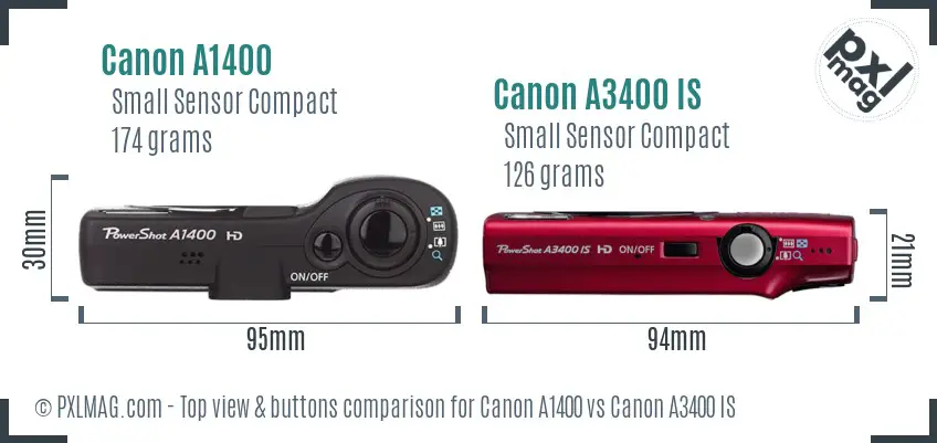 Canon A1400 vs Canon A3400 IS top view buttons comparison