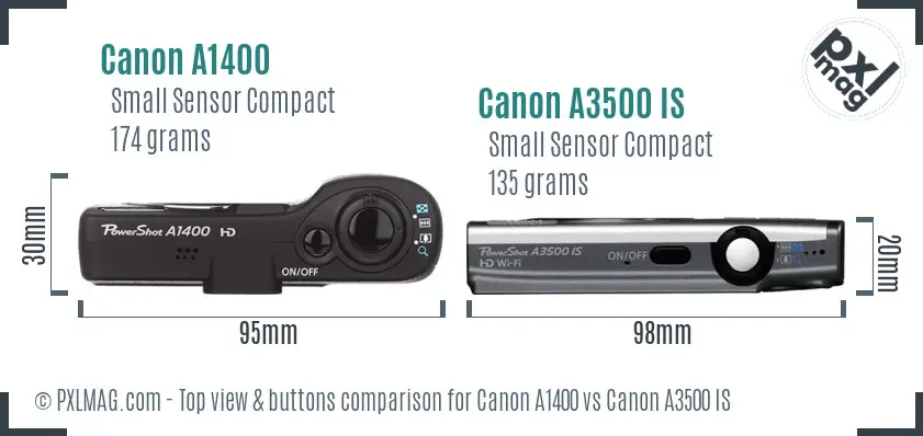 Canon A1400 vs Canon A3500 IS top view buttons comparison