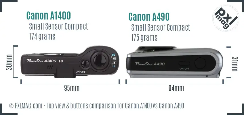 Canon A1400 vs Canon A490 top view buttons comparison