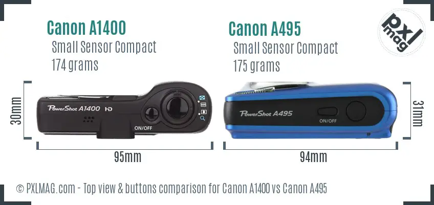 Canon A1400 vs Canon A495 top view buttons comparison