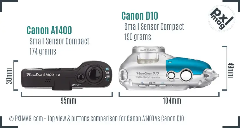 Canon A1400 vs Canon D10 top view buttons comparison Canon A1400 vs Canon D10 top view buttons comparison