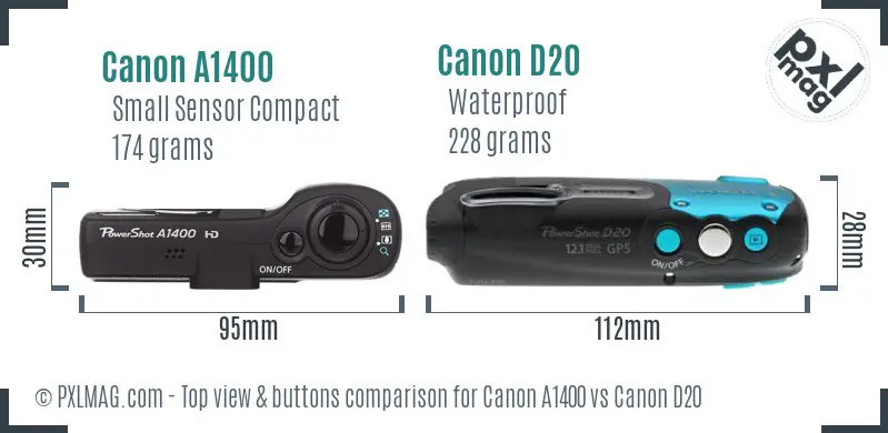 Canon A1400 vs Canon D20 top view buttons comparison Canon A1400 vs Canon D20 top view buttons comparison