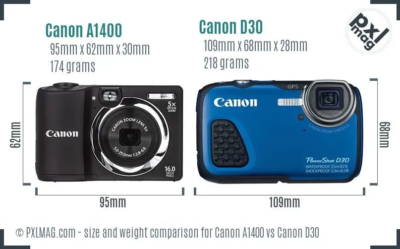 Canon A1400 vs Canon D30 size comparison