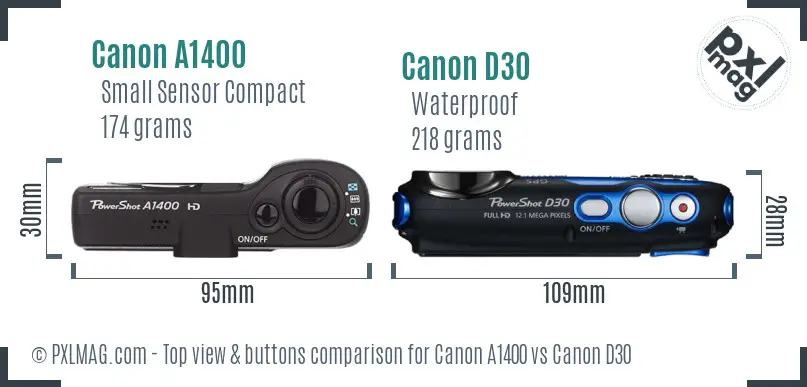 Canon A1400 vs Canon D30 top view buttons comparison